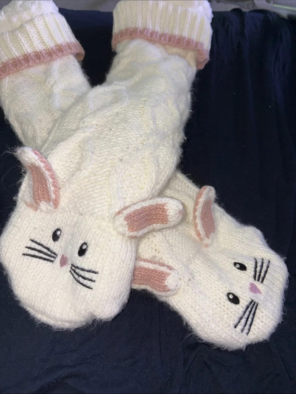 Cream Knit Cat Face Pet Socks with Bunny Ears
